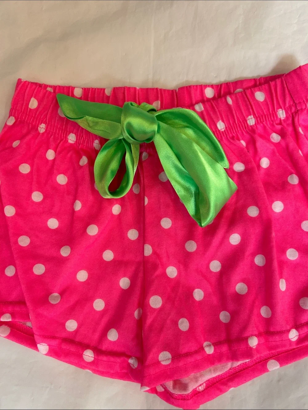 Justice Hot Pink Polka Dot Shorts with Green Satin Bow